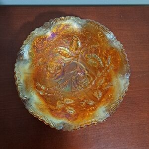 Vintage 1950s Imperial Carnival Glass Irridescent Orange Open Lustre Rose Bowl